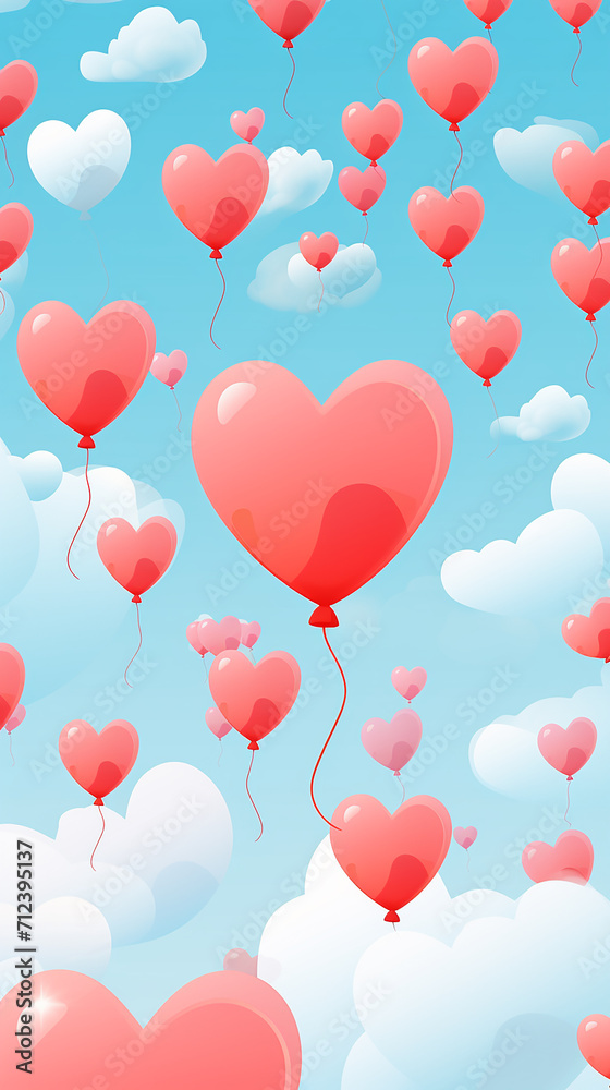 Valentine's day background with heart shaped balloons in the sky