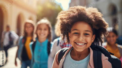 Smiles abound as a diverse group of children strolls in harmony,  embracing the back-to-school journey photo