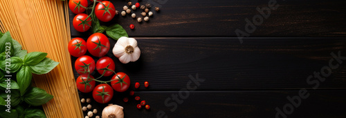 fresh tomatoes, spices and herbs on wooden background, top view
