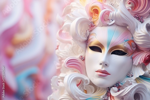 Beautiful venetian carnival mask on the background of pink and blue flowers
