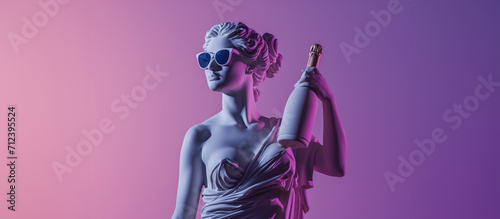 Statue of Venus in sunglasses with a bottle of champagne in her hand illuminated by neon lights.