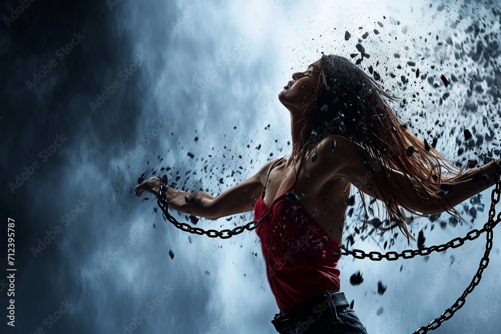 Triumphant Woman Escaping Chains: Liberation Theme

