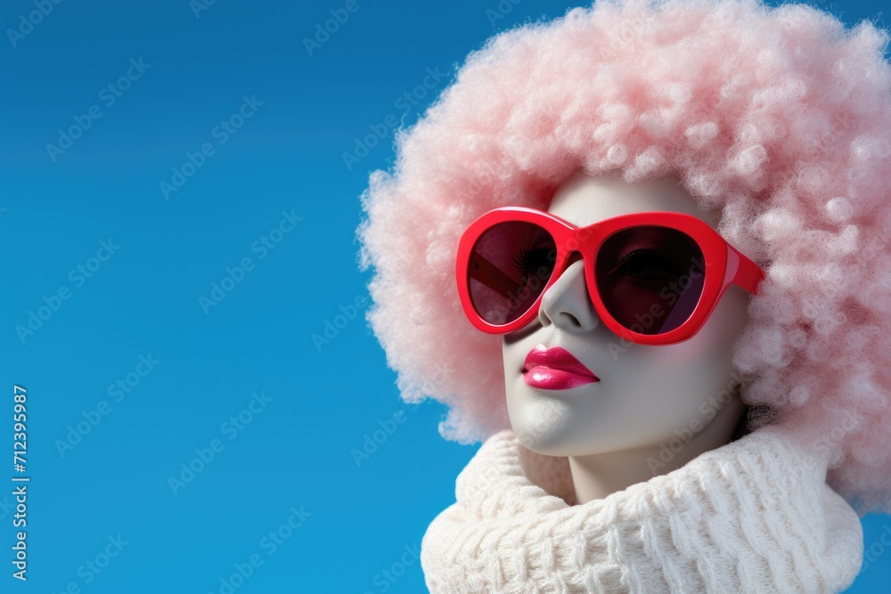 Fashion female mannequin with pink wig and sunglasses on blue background