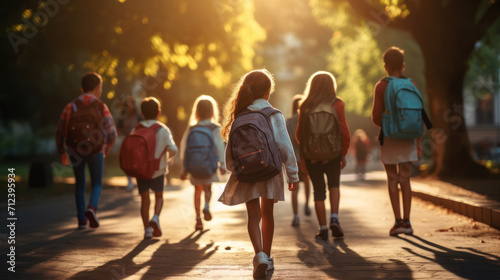 In the glow of morning light,  children walk with anticipation,  embodying the back-to-school excitement