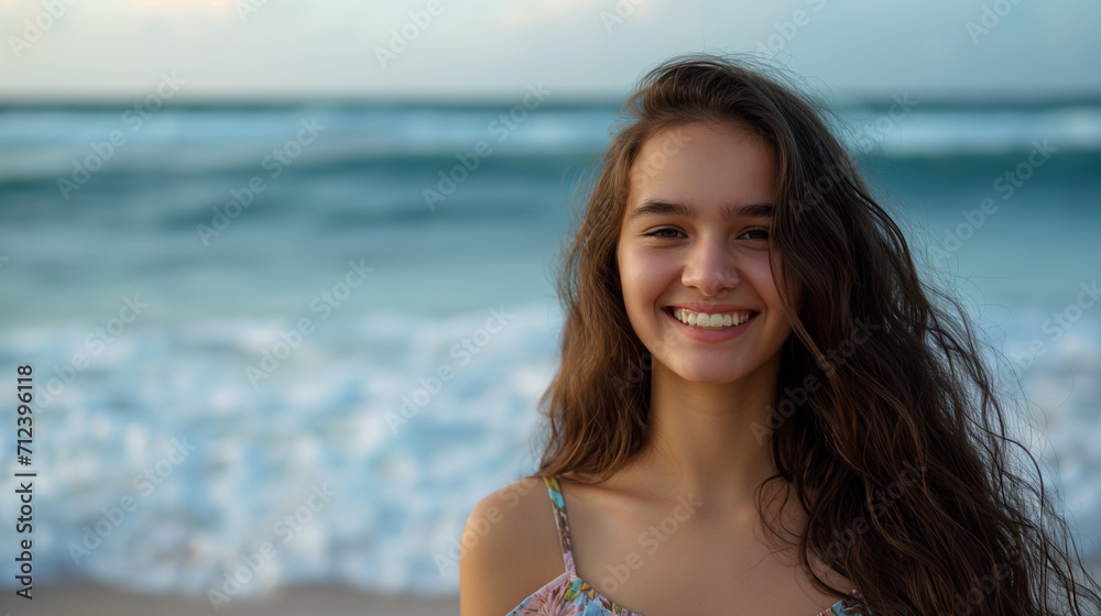 Lida mulher com cabelo marrom sorrindo na praia com o mar no fundo em um dia ensolarado