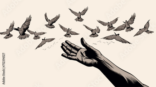 Abstract hands releasing birds symbolizing the freedom and lightness that come with optimal health .simple isolated line styled vector illustration