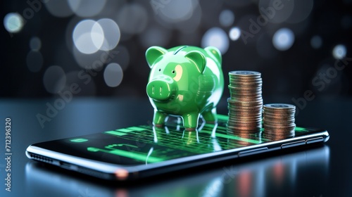 Smart Money and financial, Feature modern technology. smartphone with a savings app and coins, saving and banking concept