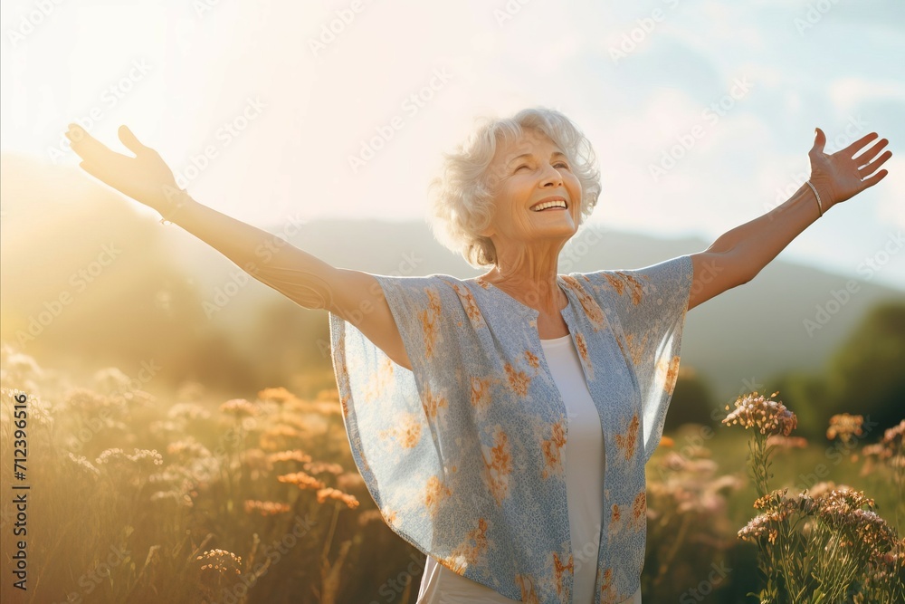 Happy senior woman with hands up standing. Adult woman smiling looks up with raised hands. Retirement, elderly health, life insurance, free breathing concept - obrazy, fototapety, plakaty 