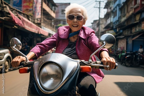 An elderly cheerful woman with gray hair rides a scooter and smiles. © Elenka
