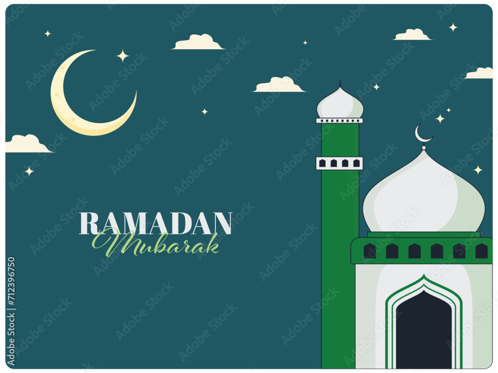 Ramadan Mubarak Greeting Card Design with Mosque, Crescent Moon and Clouds on Teal Blue Background.