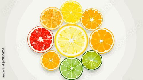 Fruit slices arranged to form a sun promoting the idea of getting essential vitamins from natural sources .simple isolated line styled vector illustration