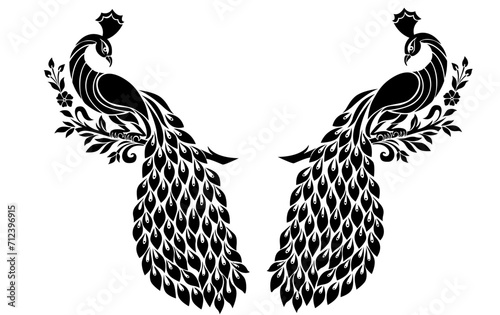 Pair of peacocks with crowns and leaves. Vector illustration