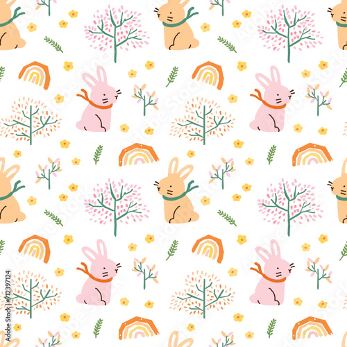 Seamless Pattern with Cartoon Rabbit, Flower and Tree Design on White Background