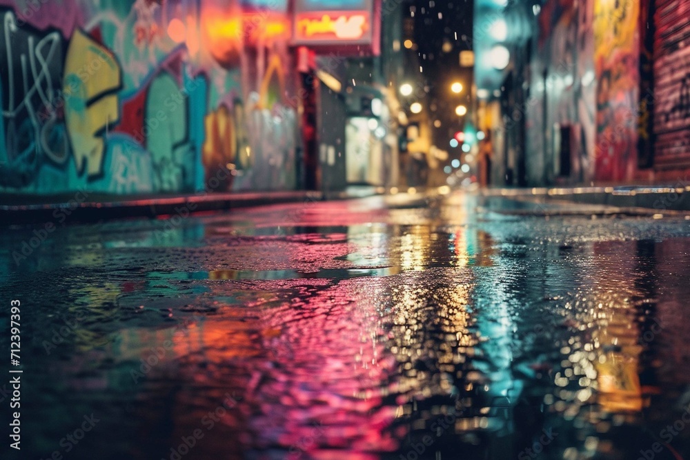 wet city street after rain at night time with colorful light and graffiti wall
