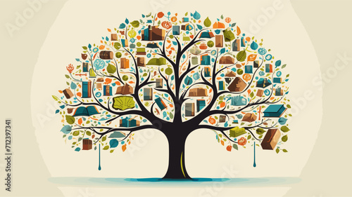 Tree of knowledge with branches bearing various subjects .simple isolated line styled vector illustration