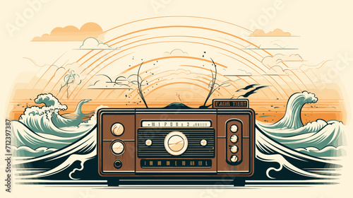 Vintage radio broadcasting educational waves connecting the dissemination of knowledge through media .simple isolated line styled vector illustration