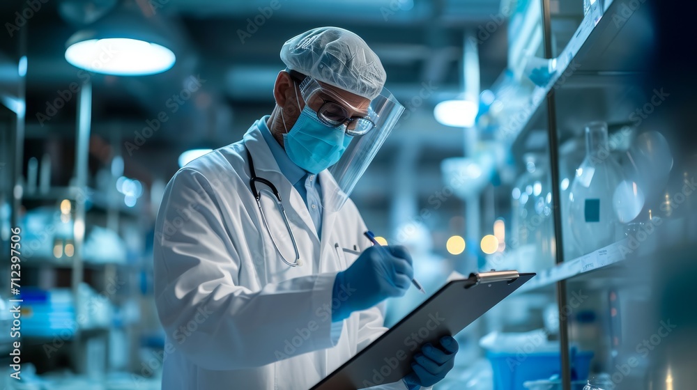 A doctor wearing uniform and face mask in a lab coat is writing on a clipboard A doctor wearing uniform and face mask in a lab coat is writing on a clipboard