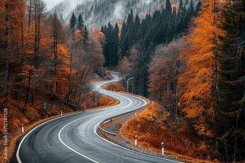 Winding mountain road trough the forest in the autumn with cars passing on the road © Areesha