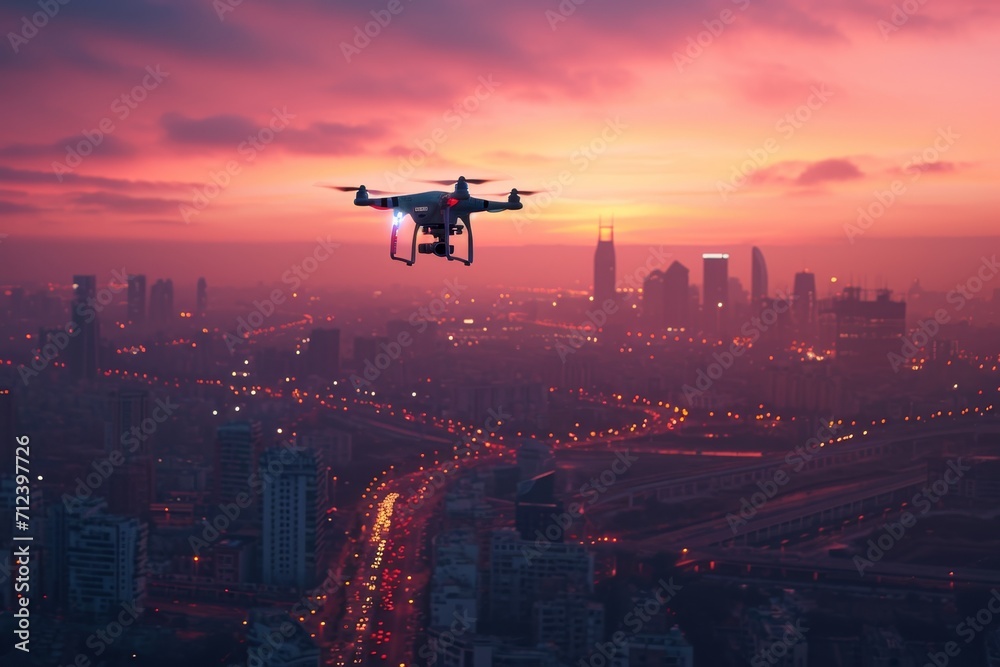 Urban drone, high angle, managing autonomous drone delivery, futuristic cityscape Urban drone, high angle, managing autonomous drone delivery, futuristic cityscape