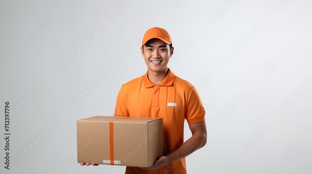 Delivery man employee in orange cap and orange uniform hold empty cardboard box Delivery man employee in orange cap and orange uniform hold empty cardboard box