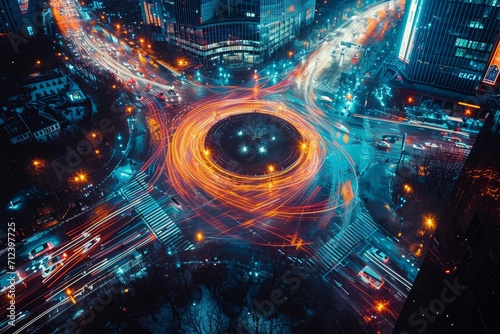 high angle view of city scape at night by managing autonomous drone