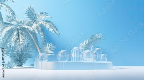 Chill vibes  Ice stage  palm leaf backdrop. Blank canvas  perfect for showcasing summer treats and cool delights