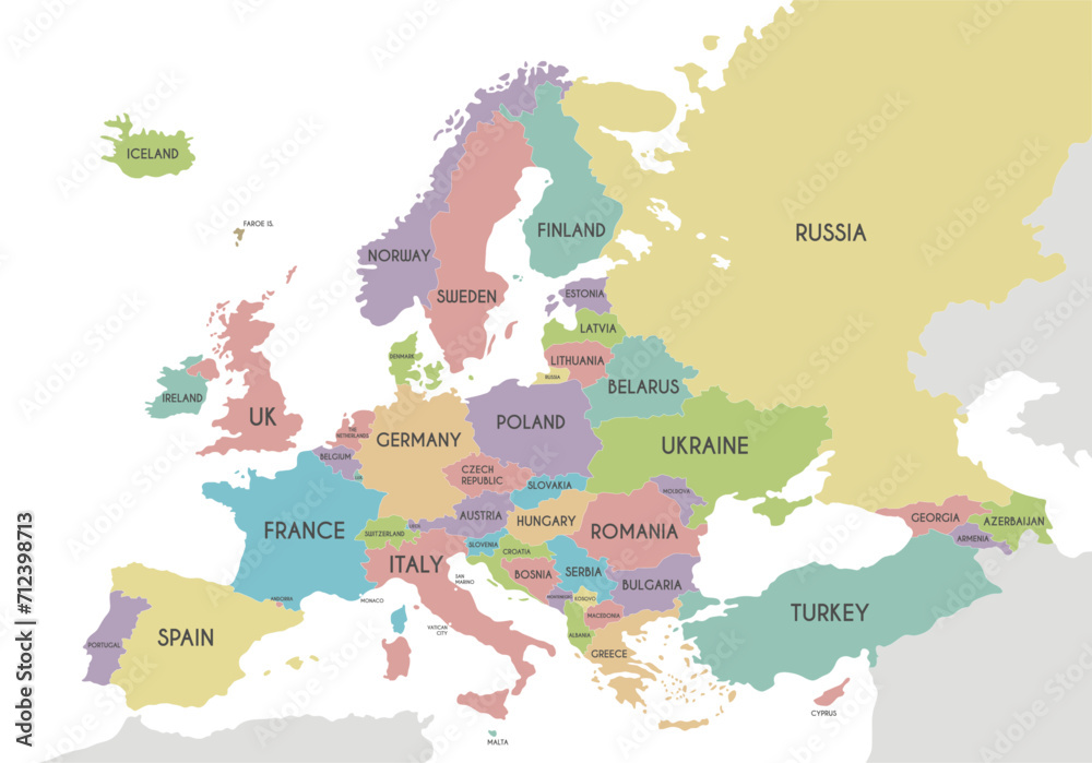 Fototapeta premium Political Europe Map vector illustration isolated on white background. Editable and clearly labeled layers.