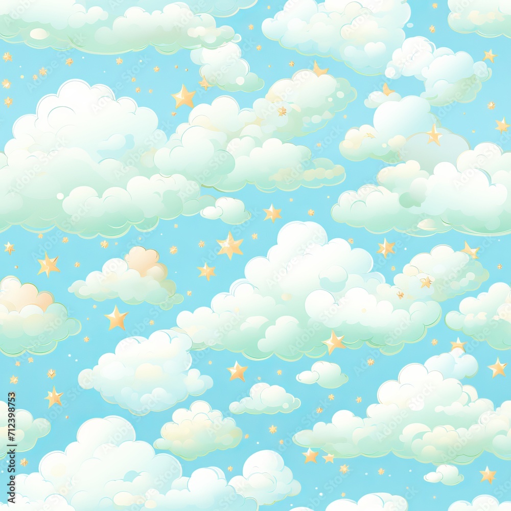 Seamless Pattern. Hand-painted Night Sky with Shimmering Stars and Fluffy Clouds