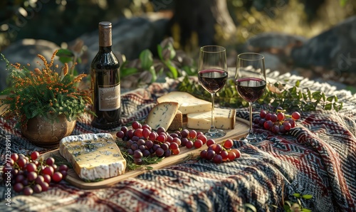 picnic with wine  cheese and grapes on a blanket