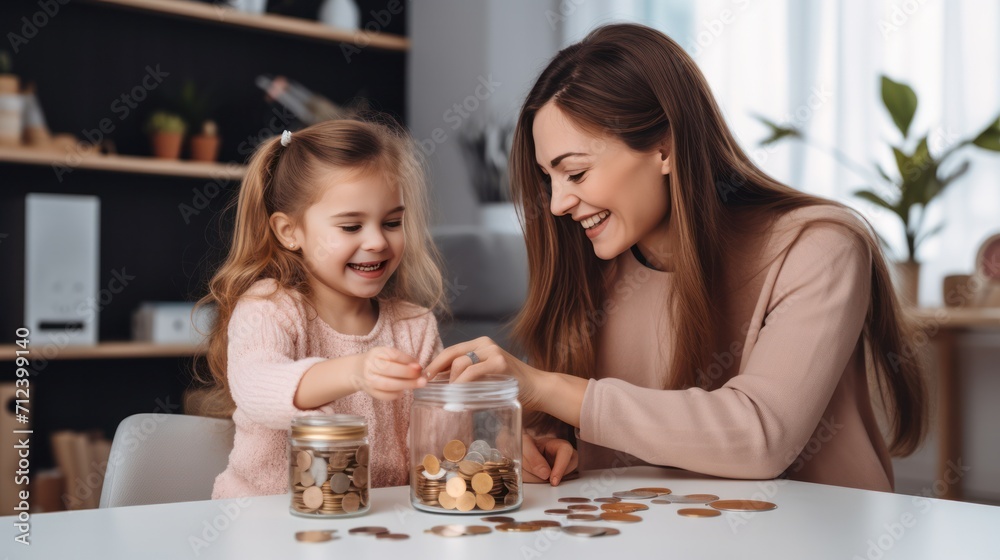 Happy little girl and mom saving money into piggy bank, saving money concept at home Happy little girl and mom saving money into piggy bank, saving money concept at home
