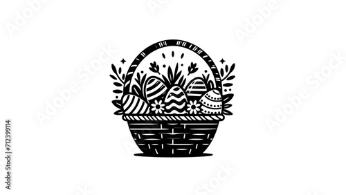 easter basket illustration full of decorated easter eggs and flowers. black and white illustration of easter basket no fill. easter egg illustration simple