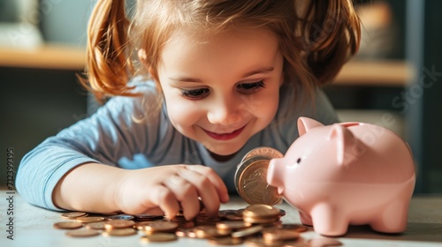 Happy little girl saving money into piggy bank, saving money concept