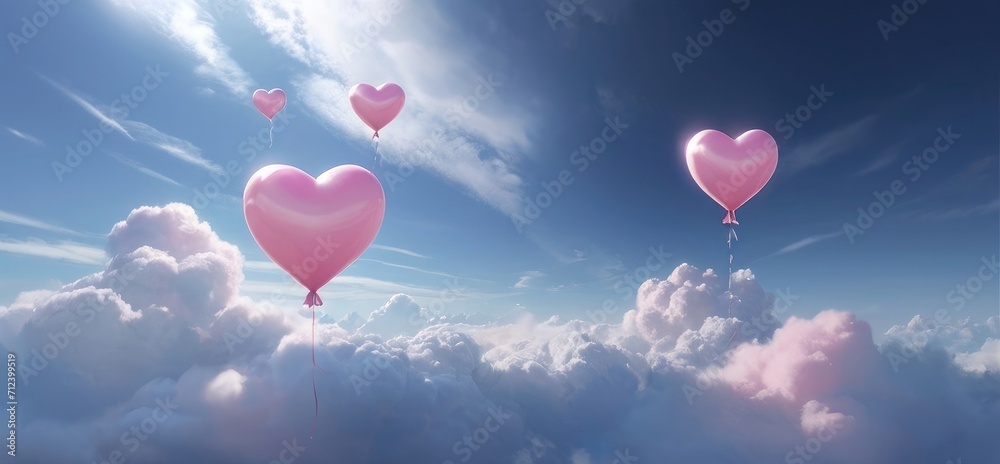 Heart-shaped pink balloons floating in louds