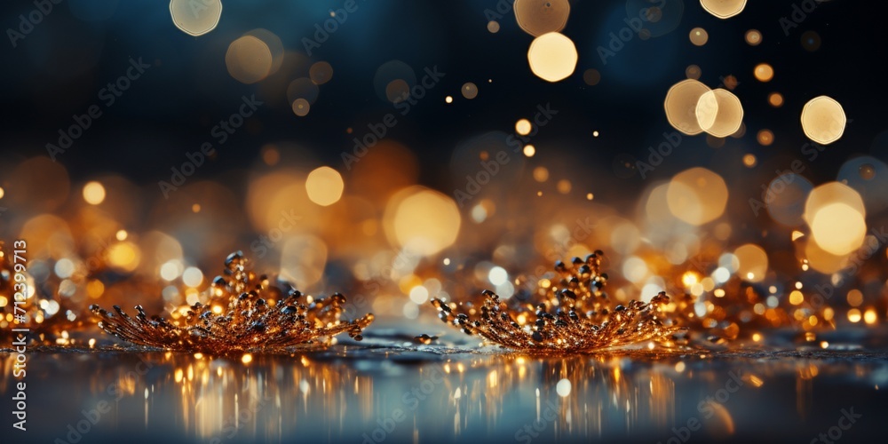 gold Sparkling Lights Festive background with texture. Abstract Christmas twinkled bright bokeh defocused and Falling stars. Winter Card or invitation