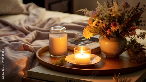 Cozy Bedroom Tray with Lit Candle and Wildflowers