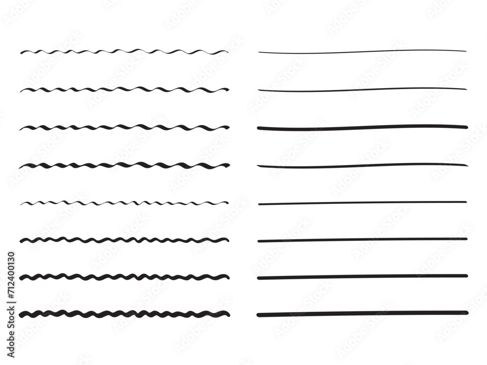 手書きの直線・波線の飾り罫のあしらいセット　　かわいいおしゃれな罫線　白黒　ベクター　Handwritten cute wavy lines and straight lines - obrazy, fototapety, plakaty 