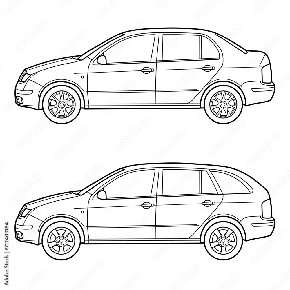 Set of classic car body types. Two body shot - station wagon and sedan. Side view. Outline doodle vector illustration	
