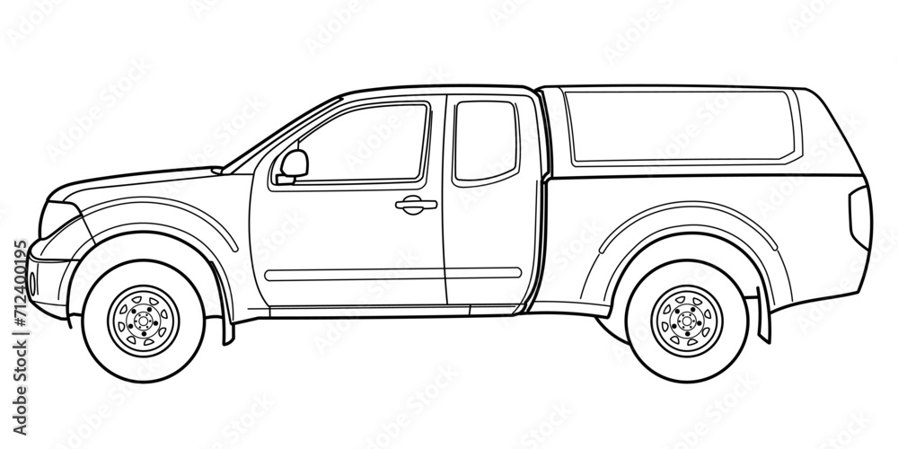 Pick-up truck modern style. Vector outline doodle illustration. 