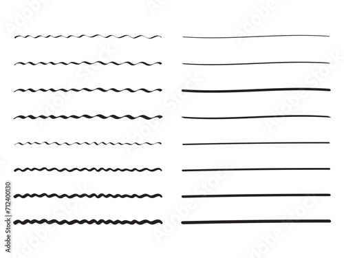 手書きの直線・波線の飾り罫のあしらいセット　　かわいいおしゃれな罫線　白黒　ベクター　Handwritten cute wavy lines and straight lines