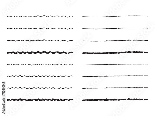 手書きの直線・波線の飾り罫のあしらいセット かわいいおしゃれな罫線 白黒 ベクター Handwritten cute wavy lines and straight lines