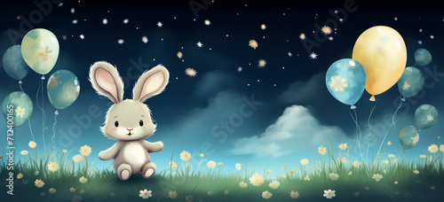 Set the illustration in a magical meadow where the baby rabbit is floating above the ground, surrounded by floating stars and balloons