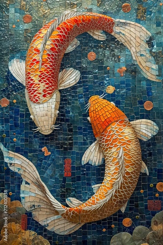 Chinese calligraphy, 2 koi fishes, its scales a mosaic of orange and white dots