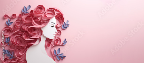 Beauty woman face with leaf illustration papercut style with copy space. Template for international woman's day and positive mental health concept. Generative ai.