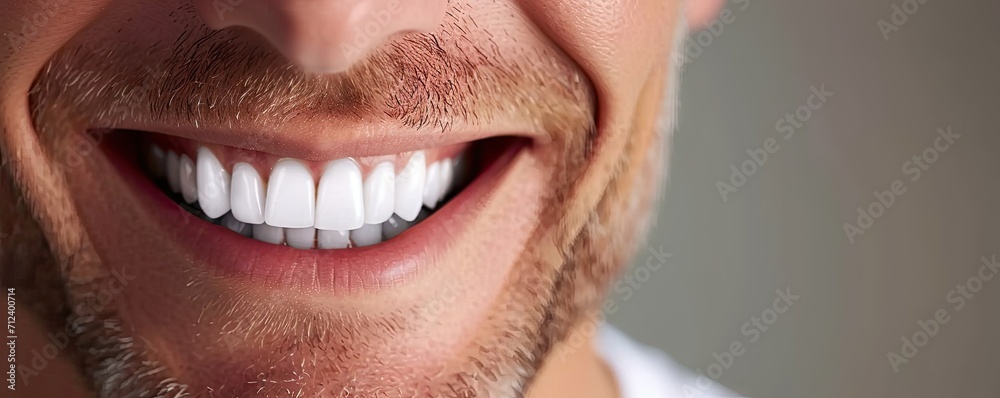 Fototapeta premium White smile of young man showing healthy tooth and mouth dentistry in dental care background happy face with clean whitening cheerful beauty laughter perfect fresh oral health handsome guy in clinic