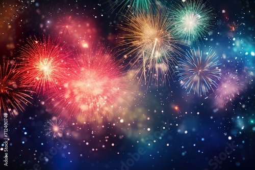 Multi-colors Fireworks and bokeh in New Year eve and copy space. Abstract background holiday