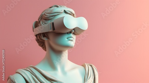 Female antique marble sculpture with VR headset. Statue wearing virtual reality goggles on pastel background. Bust with VR glasses. Metaverse world exploring