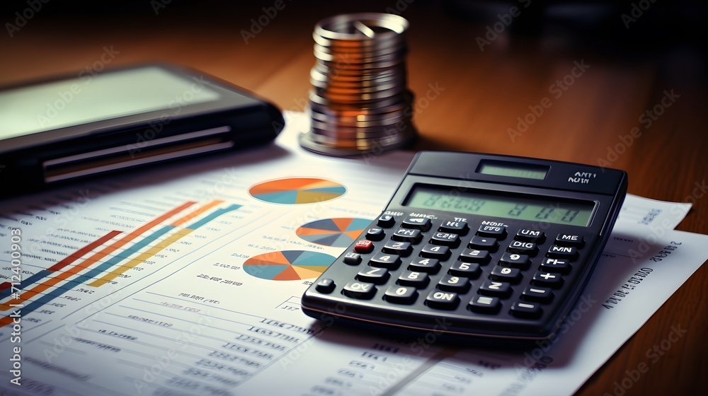 Financial graphs, Metrics, Reports on table with calculator. Financial graphs, Metrics, Reports on table with calculator.