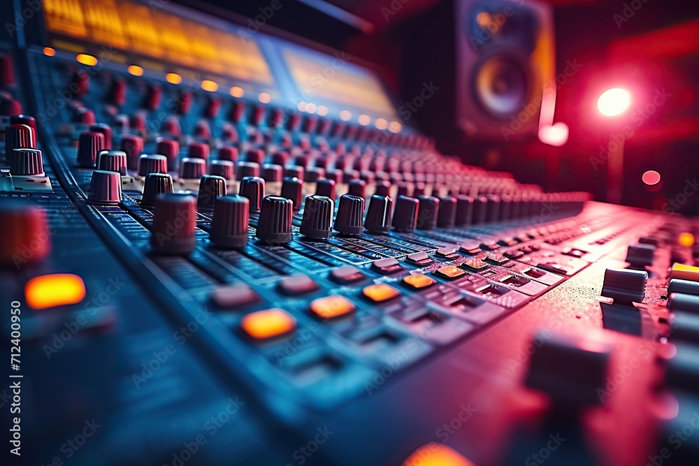 A Symphony of Sound Detailed View of a Professional Audio Mixing Console in a Vibrant Music Studio Illuminated by Warm Ambient Lighting