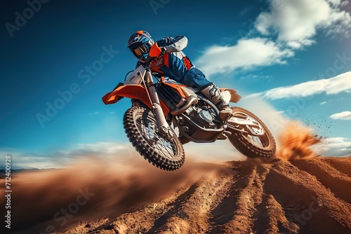 Dynamic Capture of a Motocross Rider in Action, Soaring Over Rugged Terrain Under a Majestic Sky, Exuding Power and Speed