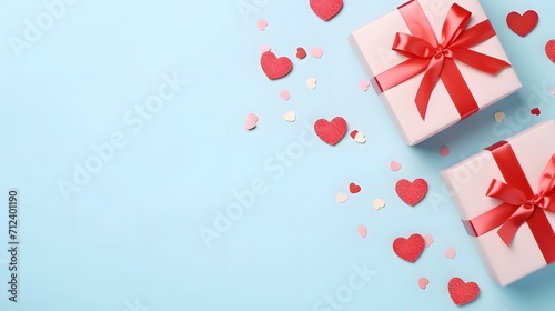 Gift or present box decorated with mixed red hearts for Valentine or Mother day on pastel blue background top view. Flat lay card from homemade decoration. © Ziyan Yang
